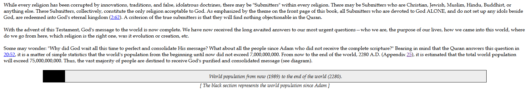 Rashad Khalifa's published diagram: world population from Adam to 1989 under 7 billion, versus over 75 billion projected from 1989 to the end of the world in 2280 - the vast majority of people destined to receive God's consolidated message