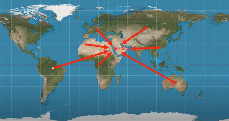 Alban Fejza's world map of Qiblah directions converging on Mecca