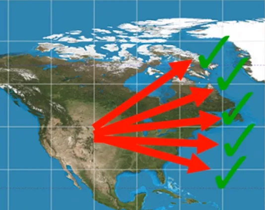 Alban Fejza's approved fan of Qiblah directions for North America, from north-east to south-east, all marked correct