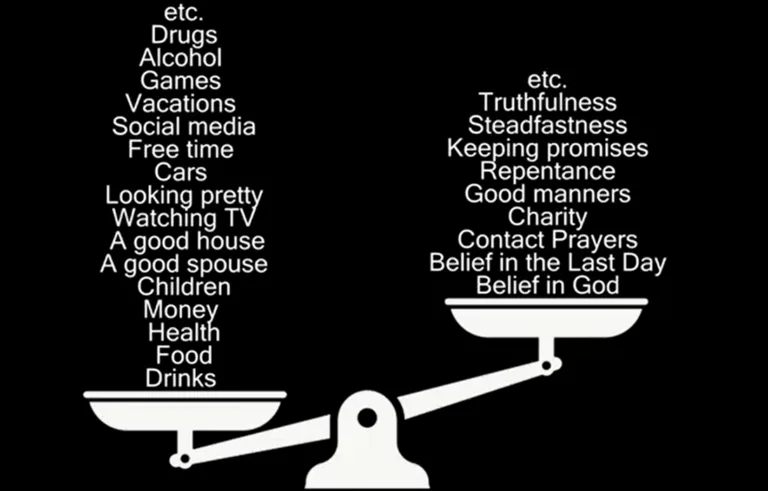 Alban Fejza's judgment scale: material blessings including food, health, children and a good spouse weighed against righteous deeds